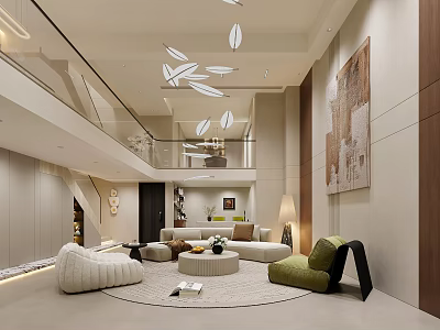 Modern Minimalist Living Room Interior With Round Rug Sofa Green Armchair And Pendant Lighting Artwork 3d model
