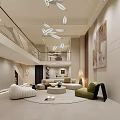 Modern Minimalist Living Room Interior With Round Rug Sofa Green Armchair And Pendant Lighting Artwork