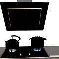 Modern Kitchen Range Hood With LED Light Over Gas Stove And Stainless Steel Pots