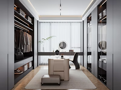 Modern Walk in Closet Interior With Grey Wardrobes Beige Dressing Table And Green Plant 3d model
