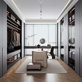 Modern Walk in Closet Interior With Grey Wardrobes Beige Dressing Table And Green Plant