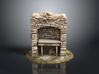 Rustic Handcrafted Stone Fireplace Structure With Stone Walls And Mossy Base Table 3d model