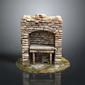 Rustic Handcrafted Stone Fireplace Structure With Stone Walls And Mossy Base Table