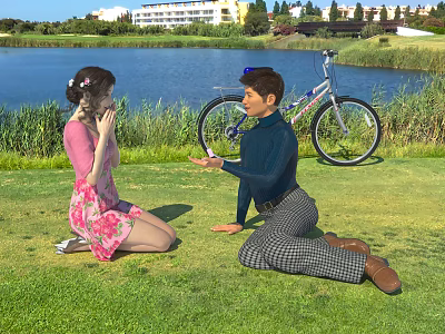 Man And Woman Interact On Grass Lawn By Lake With Bicycle 3d model