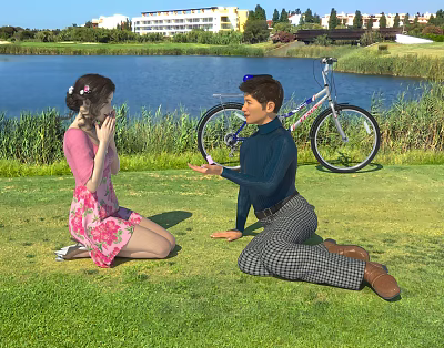 Man And Woman Interact On Grass Lawn By Lake With Bicycle 3d model