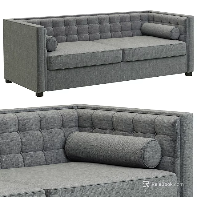 Gray Upholstered Double Sofa With Tufted Back Cylindrical Pillow And Modern Style 3d model
