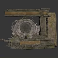 Ancient Ruin Structure With Stone Bricks Wooden Platform And Circular Decoration 3d model