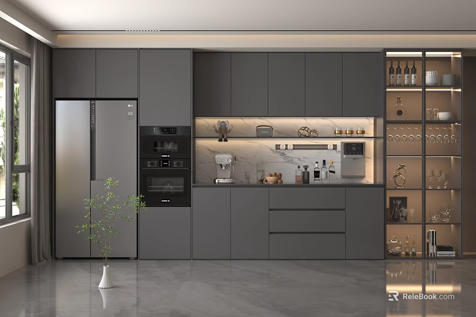 Modern Kitchen Featuring Stylish Wine Cabinet Gray Cabinets Marble Countertop And Wine Glasses 3d model 