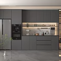 Modern Kitchen Featuring Stylish Wine Cabinet Gray Cabinets Marble Countertop And Wine Glasses