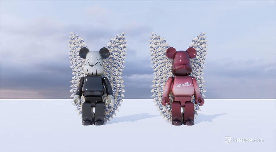 Stylish Bearbrick Figurines With Spiked Wings in Black and Red Against Cloudy Sky 3d model 