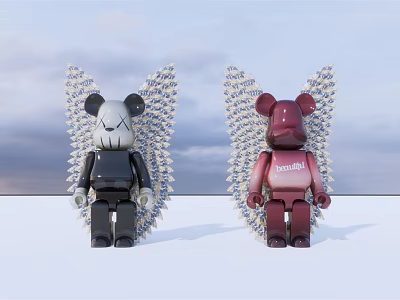 Stylish Bearbrick Figurines With Spiked Wings in Black and Red Against Cloudy Sky 3d model