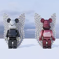 Stylish Bearbrick Figurines With Spiked Wings in Black and Red Against Cloudy Sky