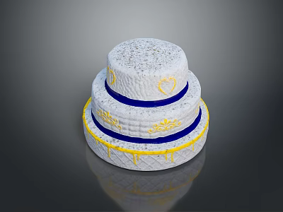 Three Tier White Cake with Blue Ribbons Yellow Heart Patterns and Drizzle Design 3d model