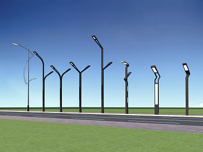 Modern Outdoor Lights with Different Designs Installed Along Road and Green Lawn 3d model
