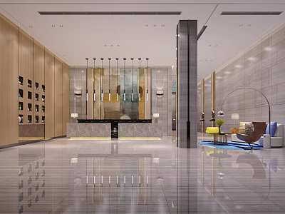 Modern Hotel Lobby Interior With Reception Desk Chandeliers Wooden Walls And Marble Flooring 3d model