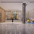 Modern Hotel Lobby Interior With Reception Desk Chandeliers Wooden Walls And Marble Flooring