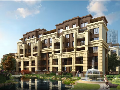 Elegant Townhouse Exterior With Scenic Balconies Fountain Pond And Greenery 3d model