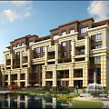 Elegant Townhouse Exterior With Scenic Balconies Fountain Pond And Greenery
