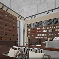 Modern Industrial Cafe Interior With Wooden Storage Shelves Displaying Various Products