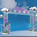 Event Entrance Arch With Rainbow Decoration Clouds Green Plants Transparent Material And Blue Sky Background