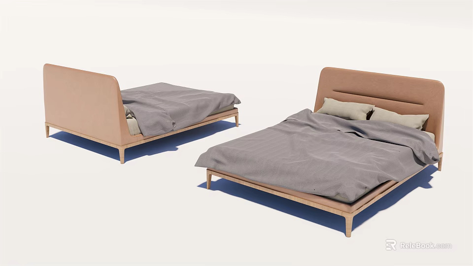 Two Modern Double Beds With Wooden Frames Gray Bedding And Pillows 3d model