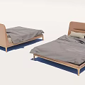 Two Modern Double Beds With Wooden Frames Gray Bedding And Pillows 3d model