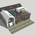 Modern Homestay Building With Stone Wall Glass Curtain Wooden Railings Outdoor Terrace And Green Plants