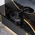 Modern Bathroom Vanity Cabinet with Round Mirror Black Basin and Gold Striped Design