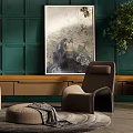 Stylish Lounge Chairs In Green Paneled Interior With Wooden Accents Artwork Round Rug And Plants