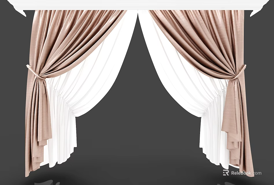 Double Layer Beige And White Curtains With Pleated Design And Tied Bows 3d model 