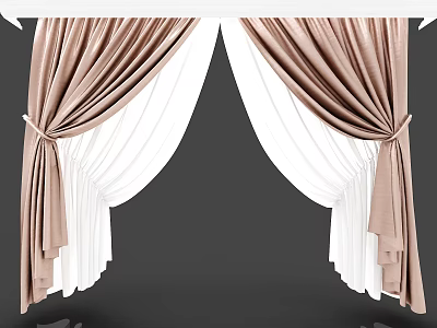 Double Layer Beige And White Curtains With Pleated Design And Tied Bows 3d model