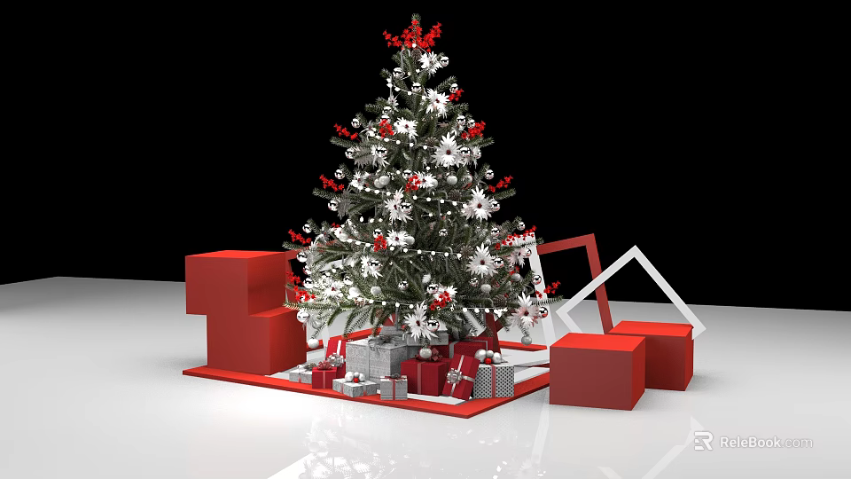 Festive Christmas Tree Decorated With White Snowflakes Red Gifts And Geometric Ornaments 3d model