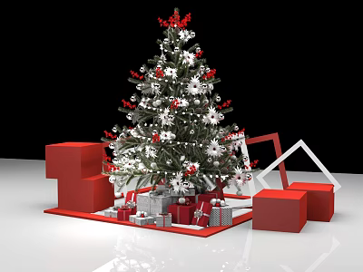 Festive Christmas Tree Decorated With White Snowflakes Red Gifts And Geometric Ornaments 3d model