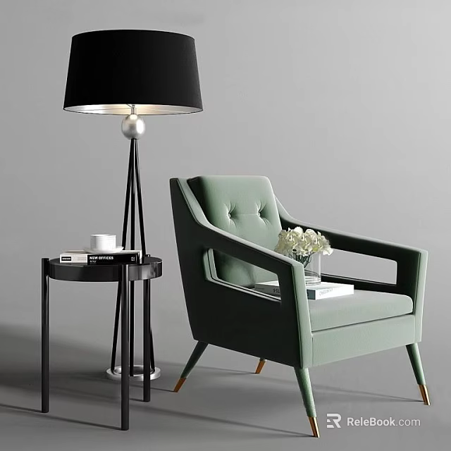 Light Green Single Sofa With Side Table Lamp White Flowers Cup And Book 3d model