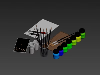 Art Supplies Collection With Paint Brushes Jars Palette And Paper 3d model
