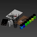 Art Supplies Collection With Paint Brushes Jars Palette And Paper
