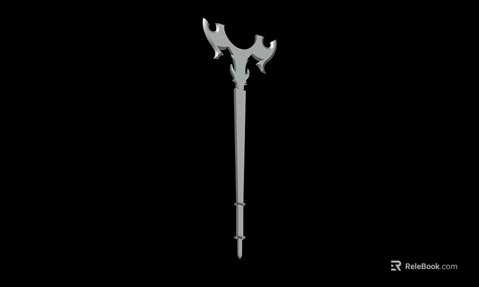 Silver Fantasy Weapon With Long Handle And Ornate Wing Shaped Head Design 3d model 