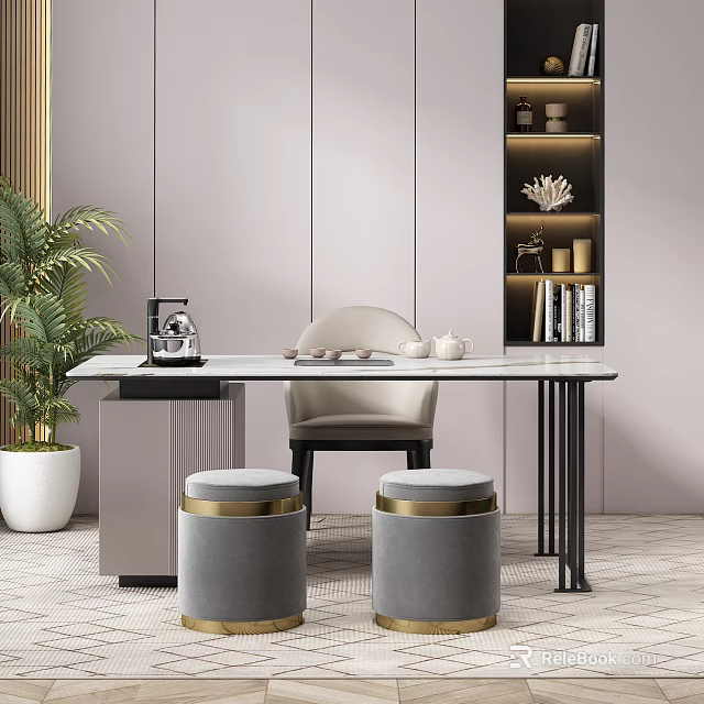 Modern Tea Table and Chairs Set With Marble Top and Gray Stools 3d model