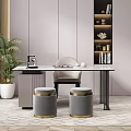 Modern Tea Table and Chairs Set With Marble Top and Gray Stools 3d model