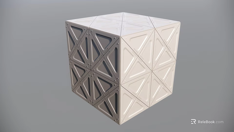 Intricate Geometric Cube Sculpture Featuring Triangle Patterns And Carved Surface Lines 3d model 