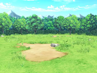 Cartoon Scenic Natural View With Green Meadow Trees Blue Sky And Mountains 3d model