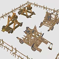 Ancient Wooden Siege Weapons with Multiple Mechanical Structures Enclosed by Fences