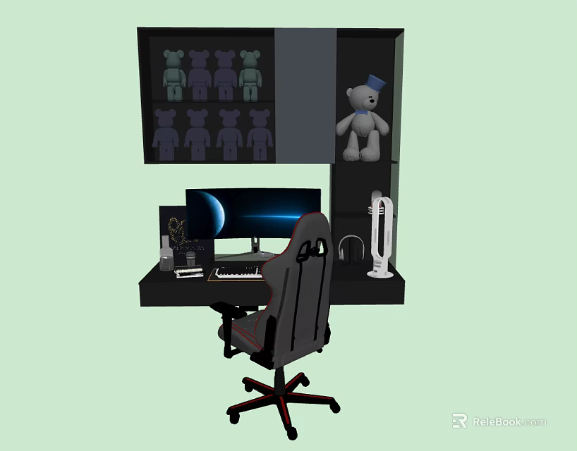 Modern Gaming Desk Setup With Computer Monitor Ergonomic Chair And Stuffed Toys 3d model 