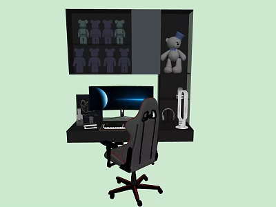 Modern Gaming Desk Setup With Computer Monitor Ergonomic Chair And Stuffed Toys 3d model