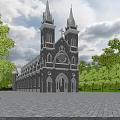 European-style Architecture Featuring Twin Towers Crosses Gray Stone Round Window Surrounded by Trees Paved Square