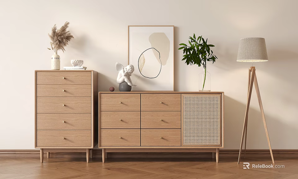 Modern Minimalist Style Wooden Entryway Cabinet And Side Cabinet With Vase Sculpture Plant Floor Lamp 3d model 