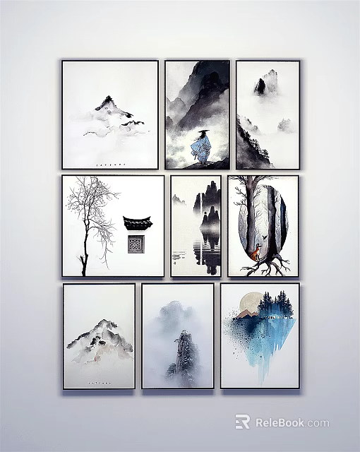 Chinese Ink Paintings Wall Decor With Mountain Landscapes Figure Trees And Boat 3d model 