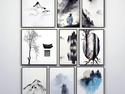 Chinese Ink Paintings Wall Decor With Mountain Landscapes Figure Trees And Boat 3d model