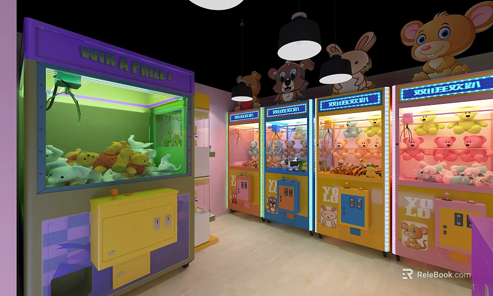 Colorful Cartoon Themed Claw Machine Area With Soft Toys And Animal Characters 3d model 