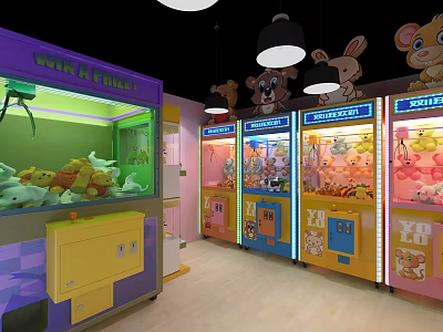 Colorful Cartoon Themed Claw Machine Area With Soft Toys And Animal Characters 3d model